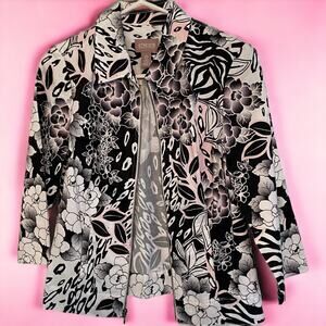 Chicos full zip lightweight jacket black white & pink floral print size 0 Small